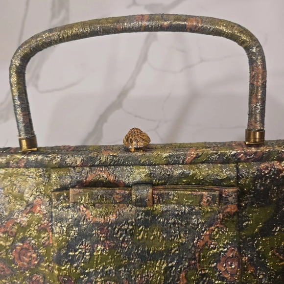 RARE Vintage Antique 1950s Rosart Tapestry Bag Pink Green Gold - Picture 3 of 12